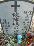 Tombstone of  (CHEN2) family at Taiwan, Jiayixian, Alishanxiang, Laiji, located between settling 1 and 2, not visible from the road. The tombstone-ID is 4350; xWAŸqAsmAӦNAbĤ@MĤGӧAqWOݤAmӸOC